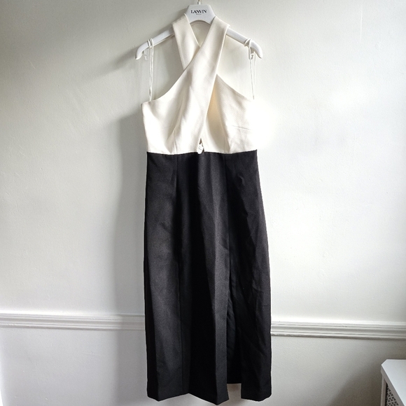 New Toccin Audrey Crossover Colorblock Ivory/Jet Sheath Cocktail Dress Size 12 - Picture 7 of 9